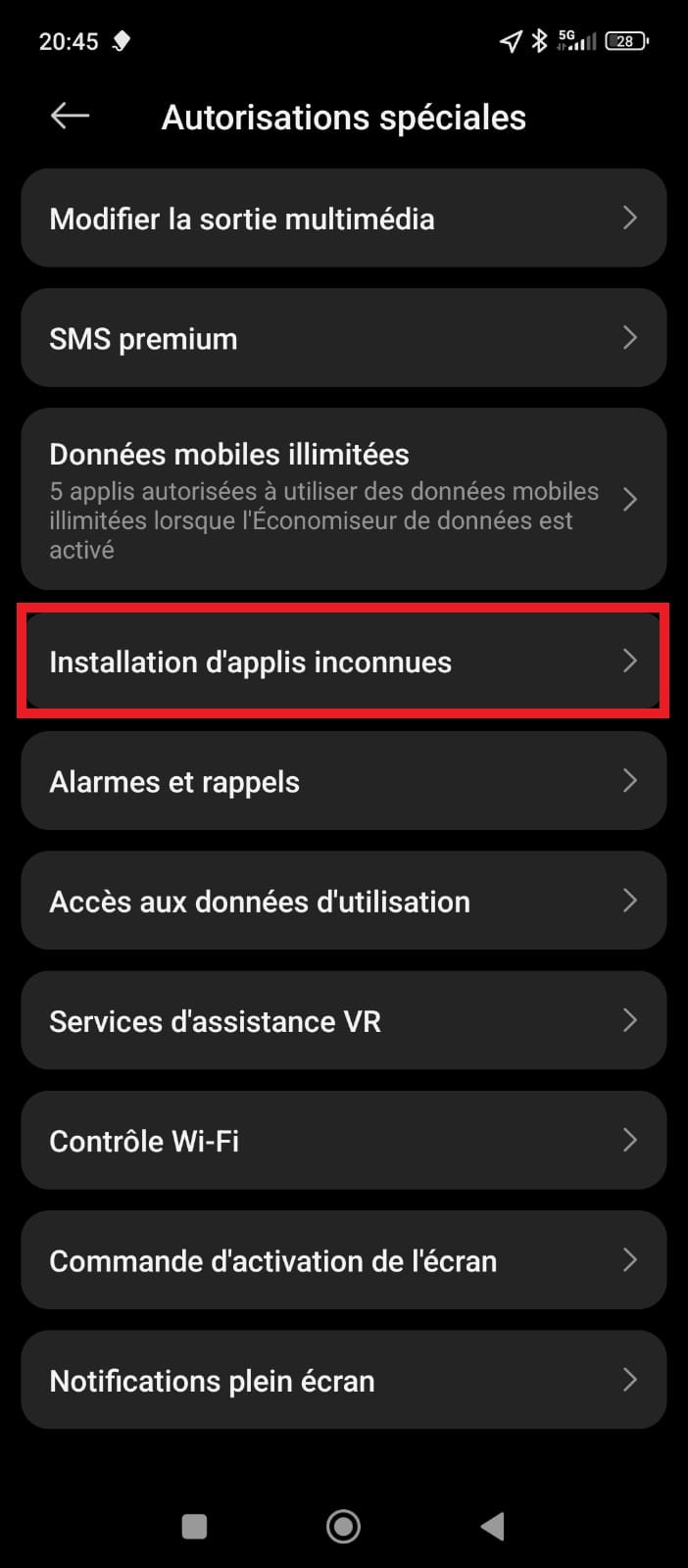 Onglet de sources inconnues