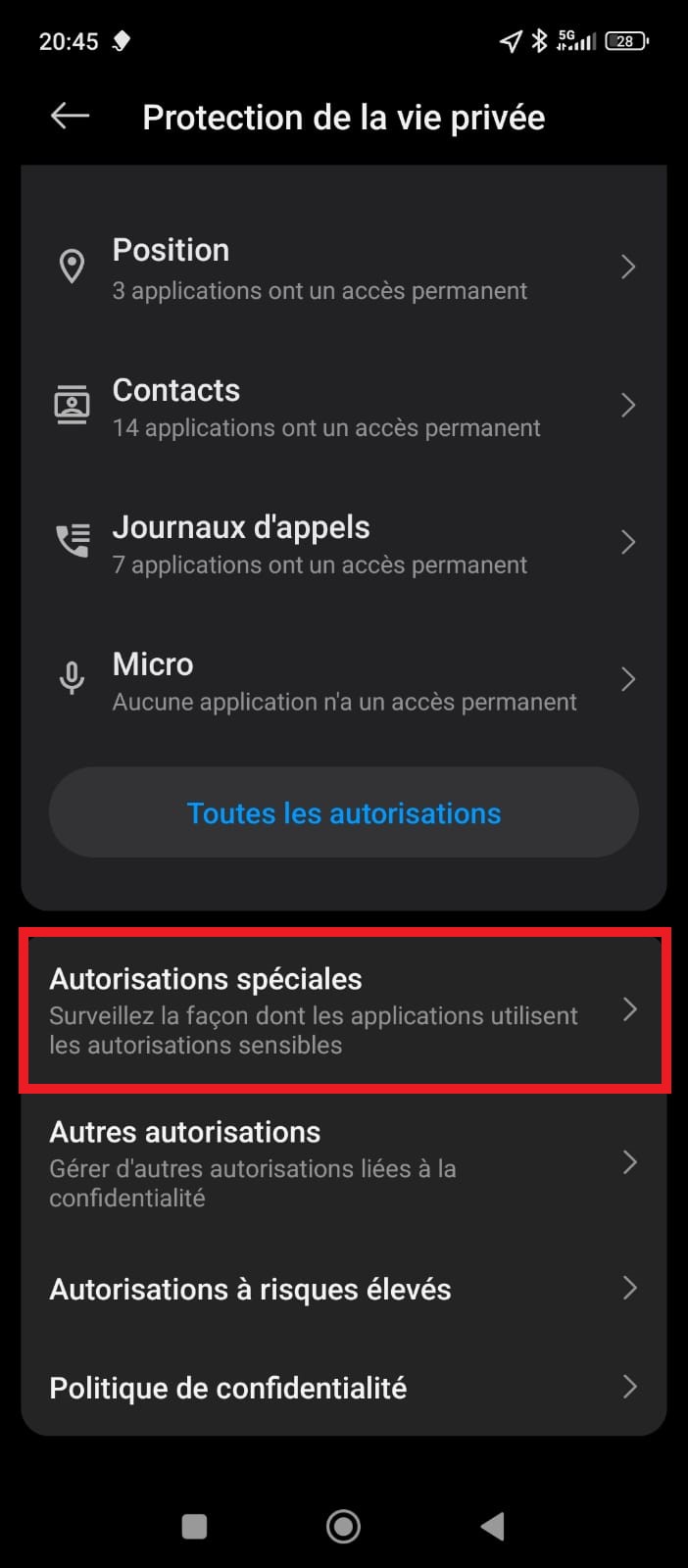 Onglet protection de la vie privée