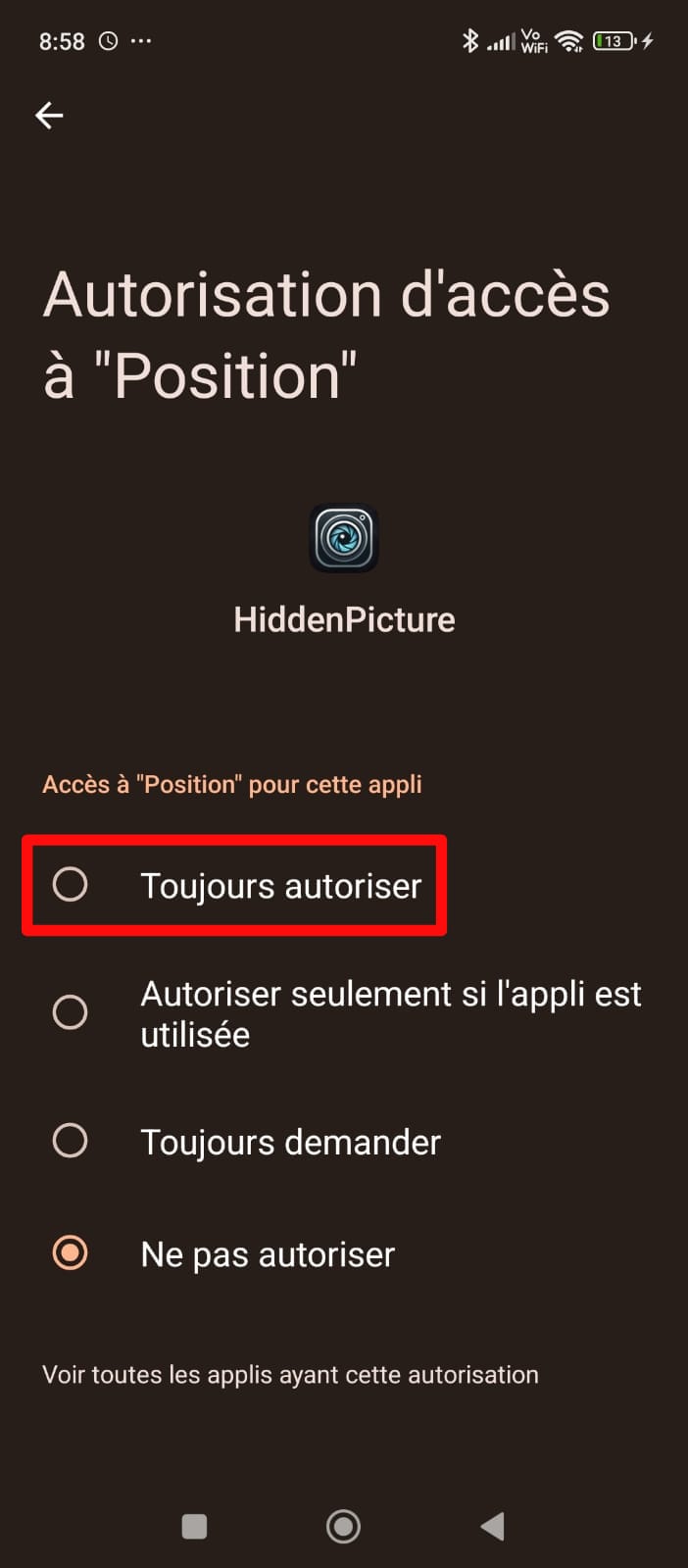 Autoriser l'appareil photo